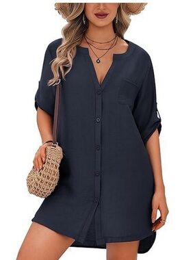 Ekouaer Women’s Beach/Pool Cover-up Shirt Black Size XL